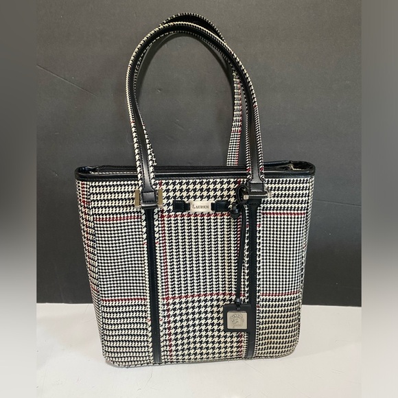 Ralph Lauren Black Grey and Red Stripe Houndstooth Tote Shoulder Bag - Picture 1 of 16